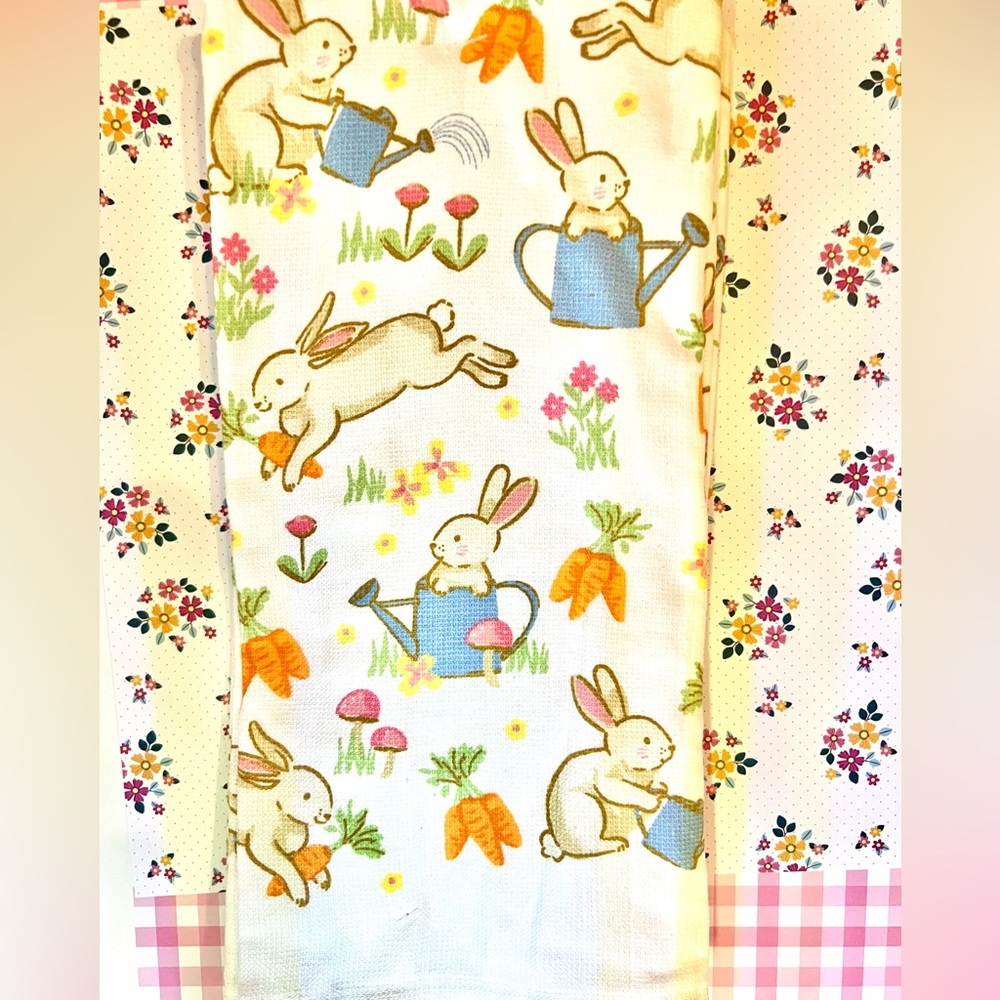 2 Bunnies in Garden Kitchen Towels Watering Cans Carrots Mushrooms Flowers